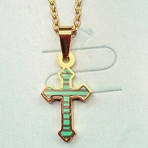 Gold Tone Cross Pendant Necklace Green Inlay Chain Religious‎ Jewelry